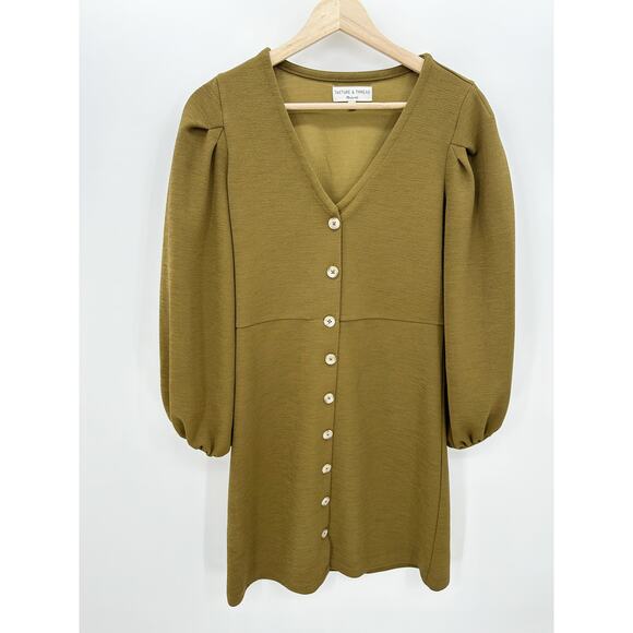 Madewell Texture & Thread Olive Green‎ Crepe Balloon Sleeve Dress Women Small - Picture 1 of 9